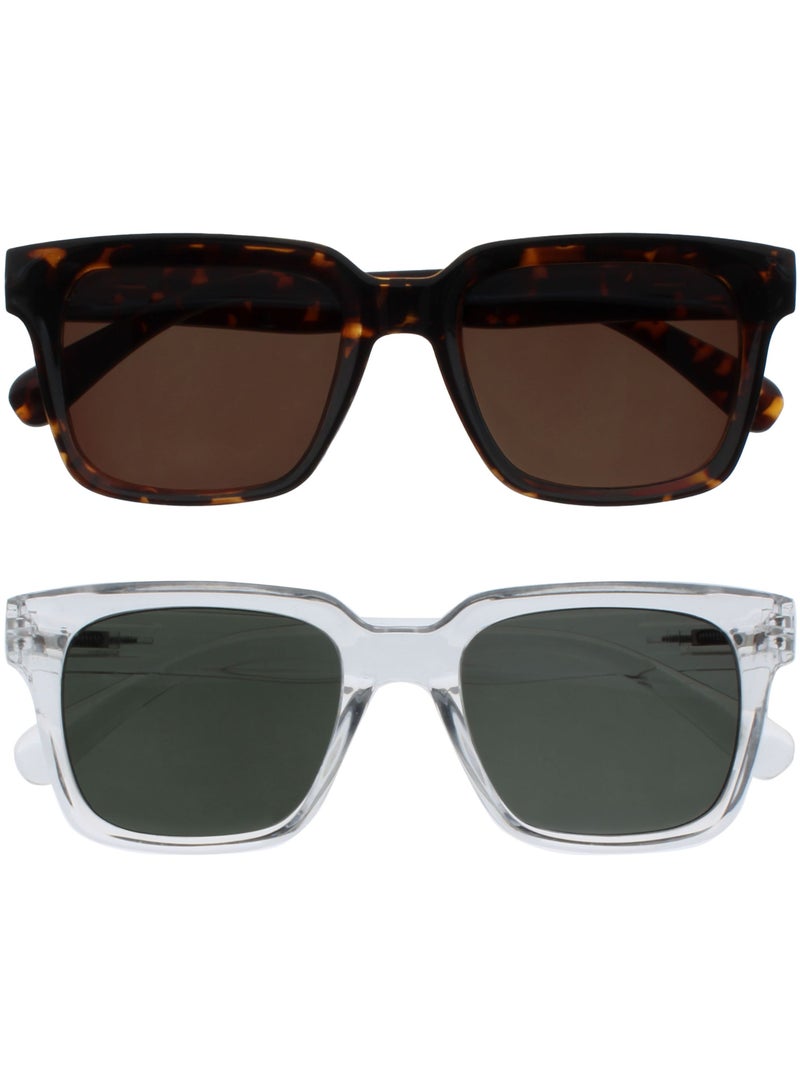 OPULIZE ERA Reading Sunglasses for Men & Women - Brown/Green Tinted Lens - 2 Pack - Anti-Reflective Anti-Glare - UV400 Protection - Oversized Rectangular Frame - Spring Hinges - Brown/Clear +3.50 - Image 1