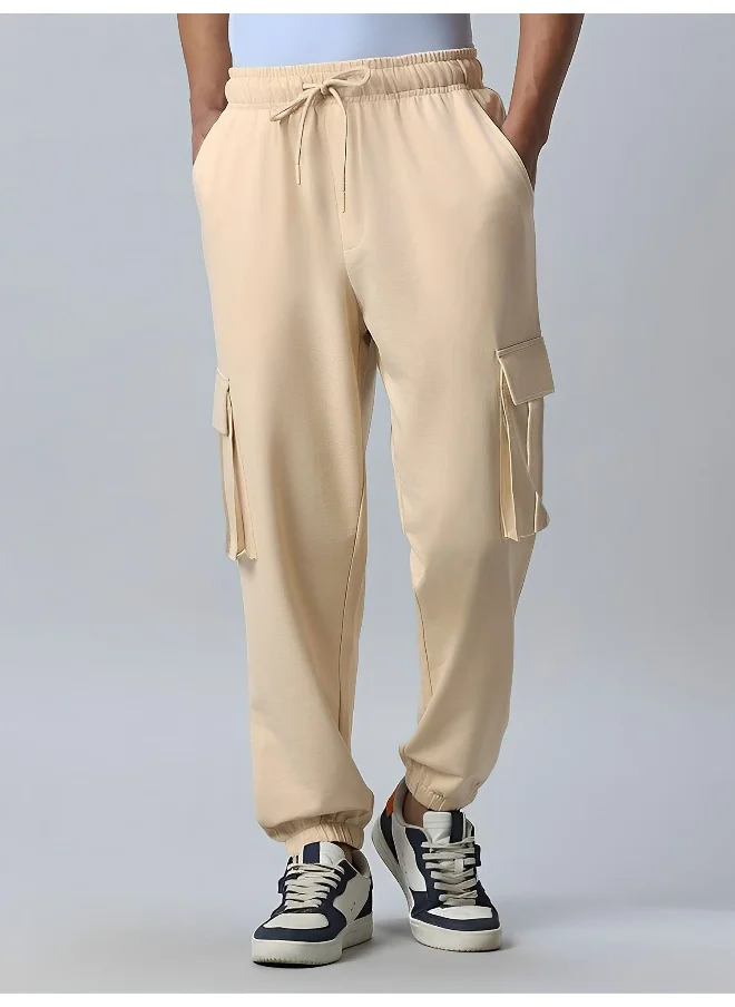 مانياك Mens Solid Beige Side Pockets Cotton Loosefit Cargo Pant