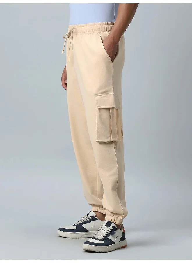 Maniac Mens Solid Beige Side Pockets Cotton Loosefit Cargo Pant