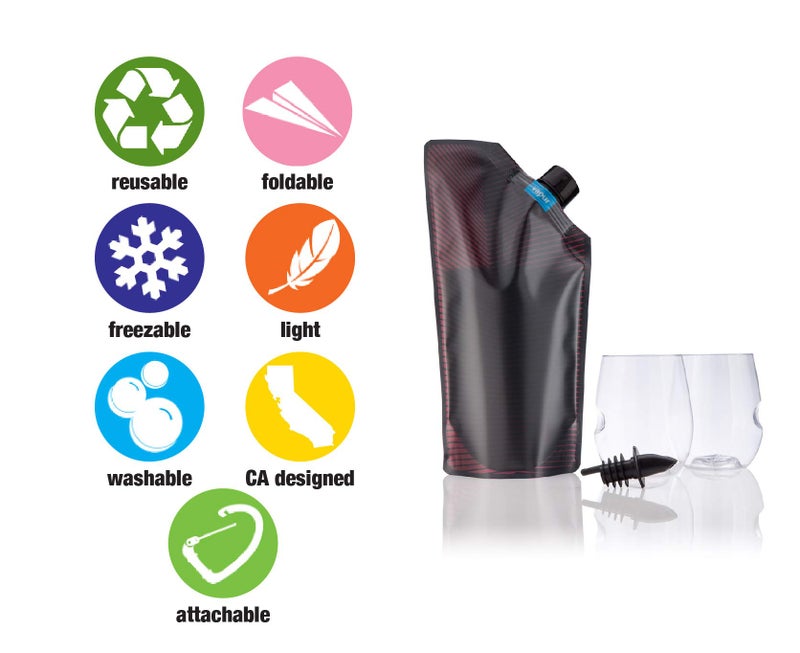 Vapur Collapsible Portable Wine Kit, Contains Discrete, Foldable 25 Ounce Wine Carrier With Pour Spout and 2 Lightweight, Shatterproof Wine Glasses, Maroon - Image 3