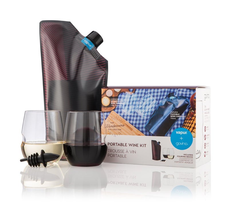 Vapur Collapsible Portable Wine Kit, Contains Discrete, Foldable 25 Ounce Wine Carrier With Pour Spout and 2 Lightweight, Shatterproof Wine Glasses, Maroon - Image 1