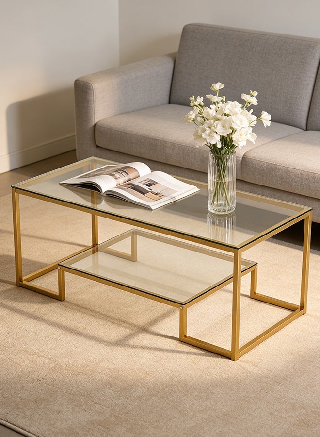 Migue home Modern Two Tier Glass Coffee Table for Living Room, Easy Assembly, 100cm L x 60cm W x 46cm H, Gold Color - Image 1