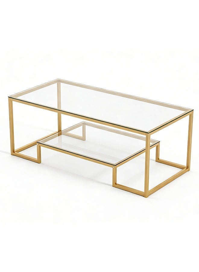 Migue home Modern Two Tier Glass Coffee Table for Living Room, Easy Assembly, 100cm L x 60cm W x 46cm H, Gold Color - Image 3