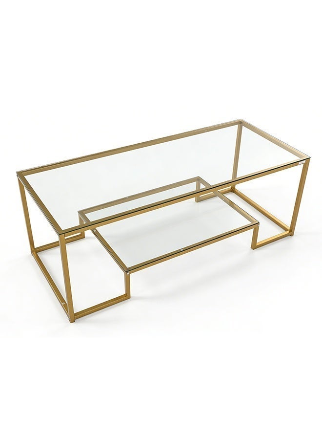 Migue home Modern Two Tier Glass Coffee Table for Living Room, Easy Assembly, 100cm L x 60cm W x 46cm H, Gold Color - Image 5