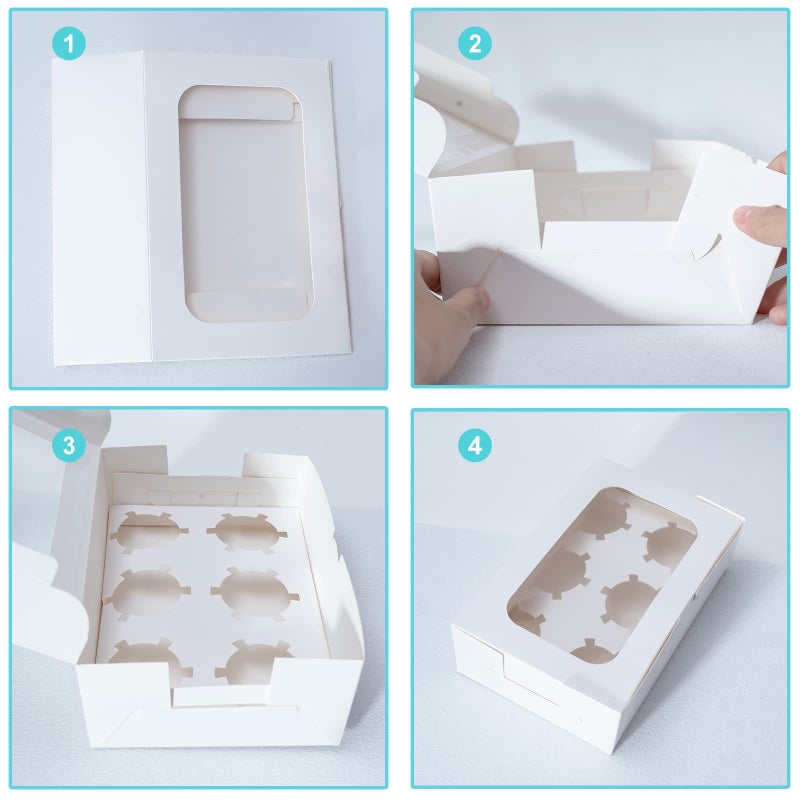 Yeplan 50 Packs Cupcake Boxes,9.4x6.1x3.14 Inches 6 Count Cupcake Box,White Cupcake Containers with Clear Window and Six Treat Holder,Pastry and Cookie Boxes,Bakery Boxes - Image 3