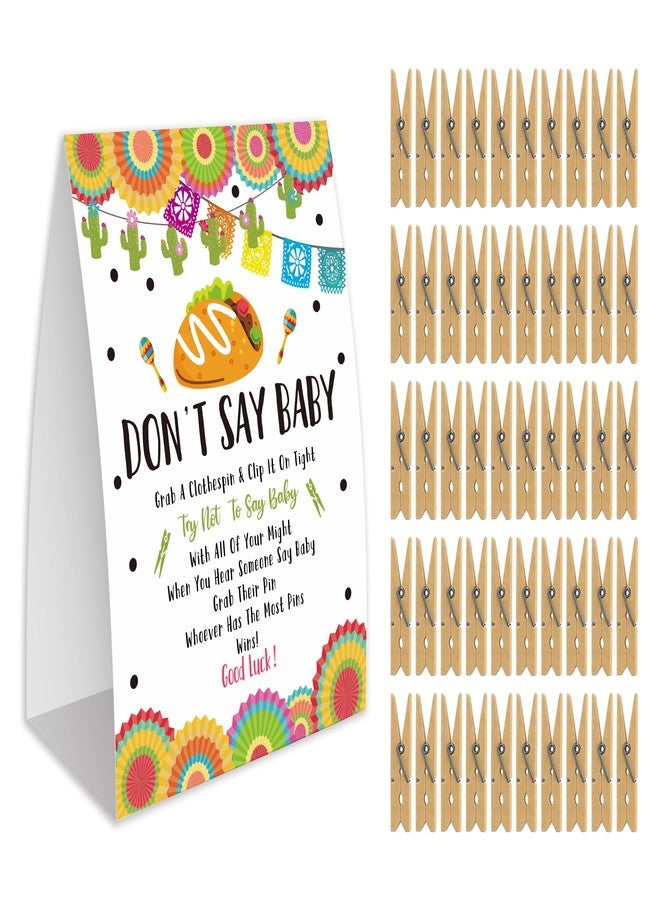 Xenseou Don't Say Baby Game for Baby Shower, 50 Wooden Clothespins and one Sign, Fiesta Taco Theme, Pins for Baby Shower Decorations, Gender Reveal Games, Baby Shower Supplies-BB16 - Image 1
