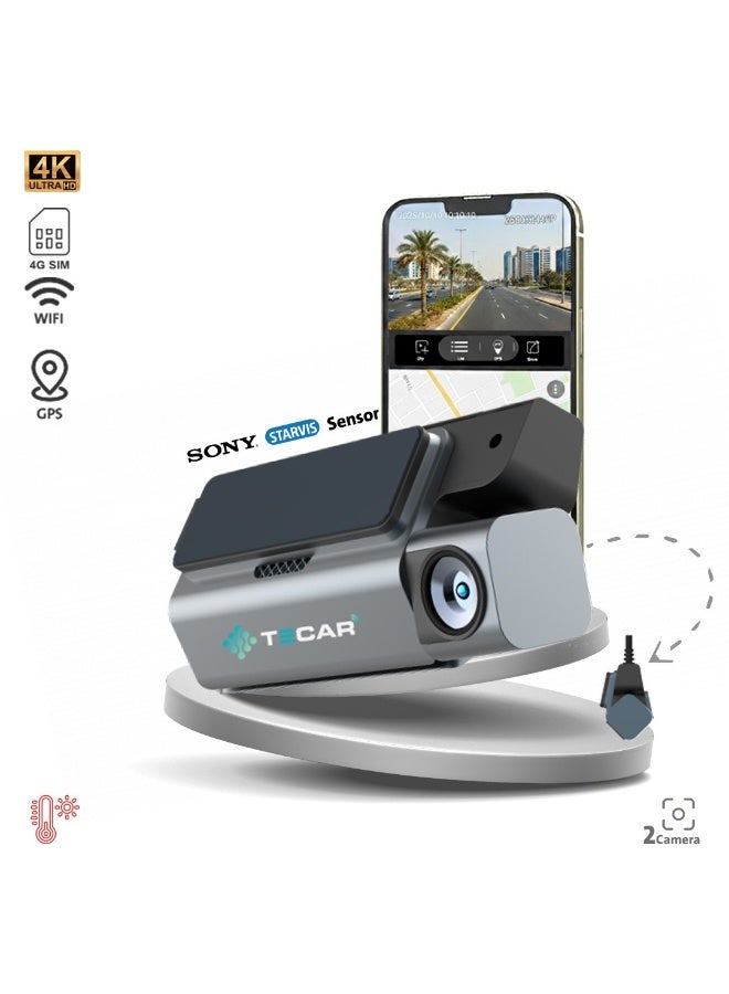 Tecar TE-D24G Tecar Dash Cam 4K Dual Cameras with WiFi Tracking, 24-Hour Video Recording, App with 4G SIM Card + Audio Recording - Image 1