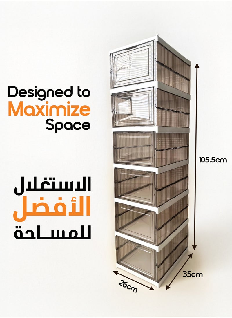 YAH Creation - 6-Level YAH Foldable Storage Organizer – Transparent Gray, Stackable & Movable, No Assembly Required, Durable Space-Saving Solution for Shoes, Clothes, Pantry, Accessories, Toys, Books & More. - Image 1