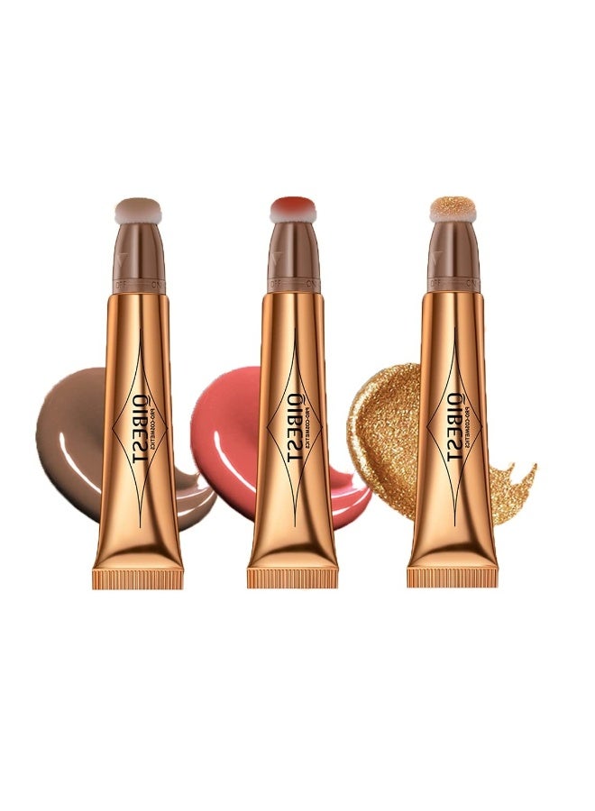 3 Pcs Cream Contour Sticks with Cushion Applicator,Shades with Highlighter and Blush,Waterproof Contour Pen,Highlighter Stick,Blush Stick Easy to Create 3D Face Makeup - Image 1