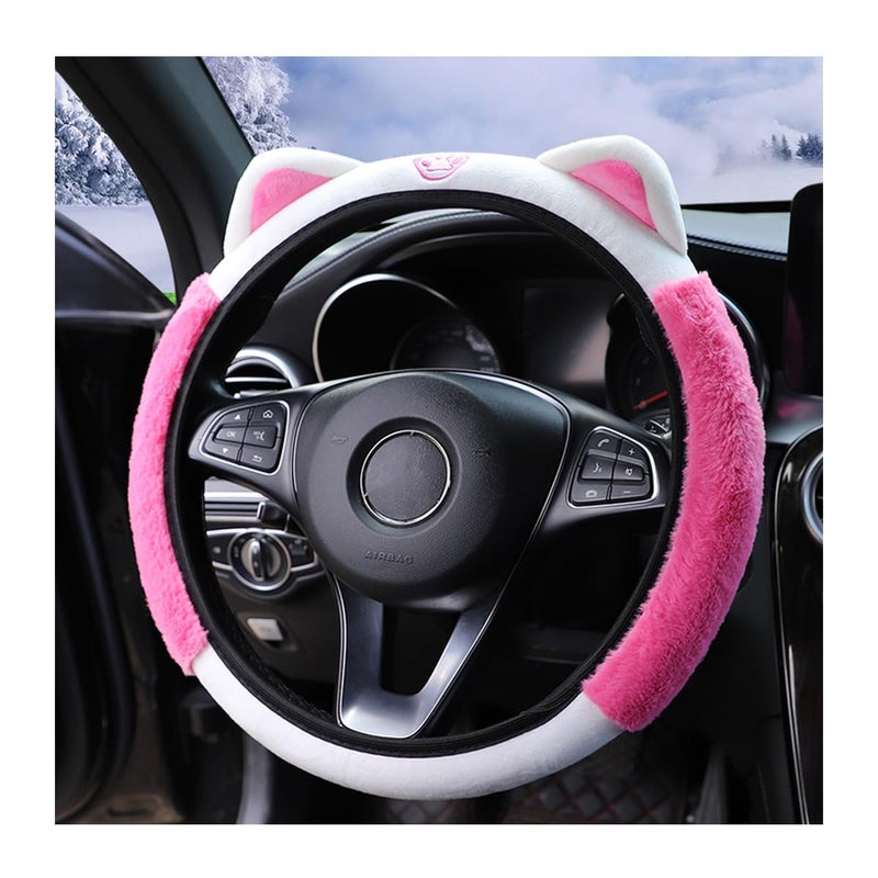 Bittwee Car Steering Wheel Cover Fluffy Soft Plush for Winter Warm Cute Steering Wheel Protector with Kitty Cat Ears Universal 15 Inch Elastic AntiSlip Lovely Decor Car Accessories Rose Red