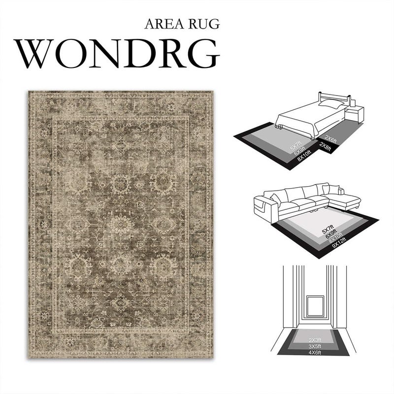 WondRg 8x10 Washable Area Rug for Living Room Bedroom Brown Vintage Large Distressed Rustic Low Pile Carpet Non-Slip Soft Throw Rug for Indoor Dining Room - Image 2