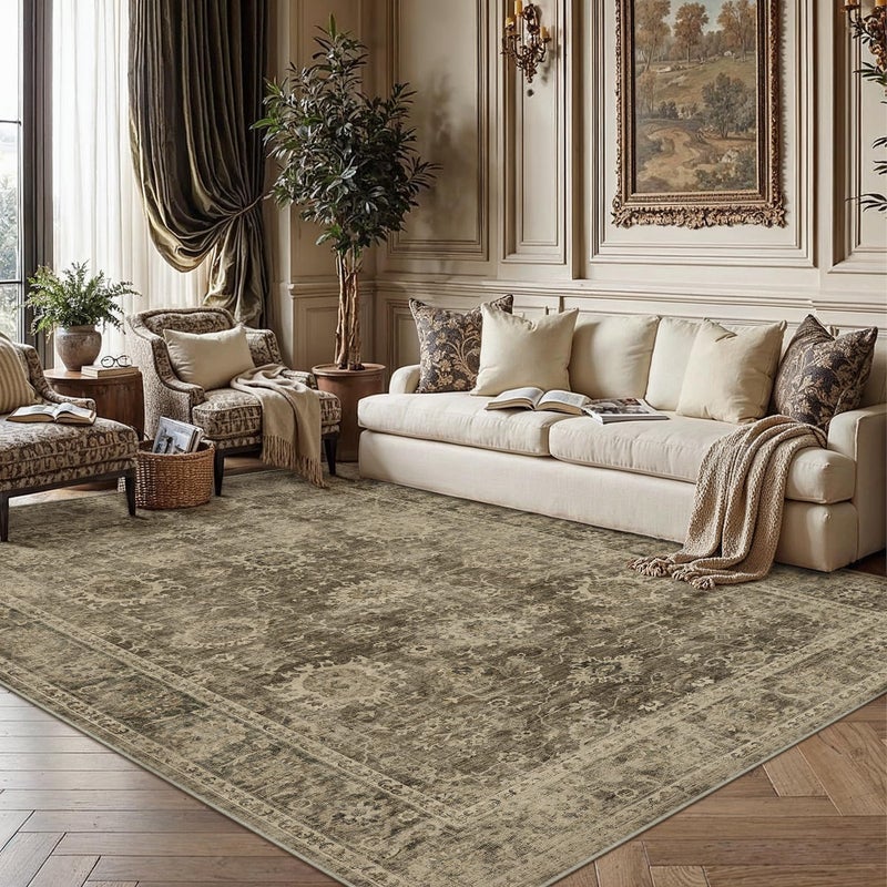 WondRg 8x10 Washable Area Rug for Living Room Bedroom Brown Vintage Large Distressed Rustic Low Pile Carpet Non-Slip Soft Throw Rug for Indoor Dining Room - Image 4