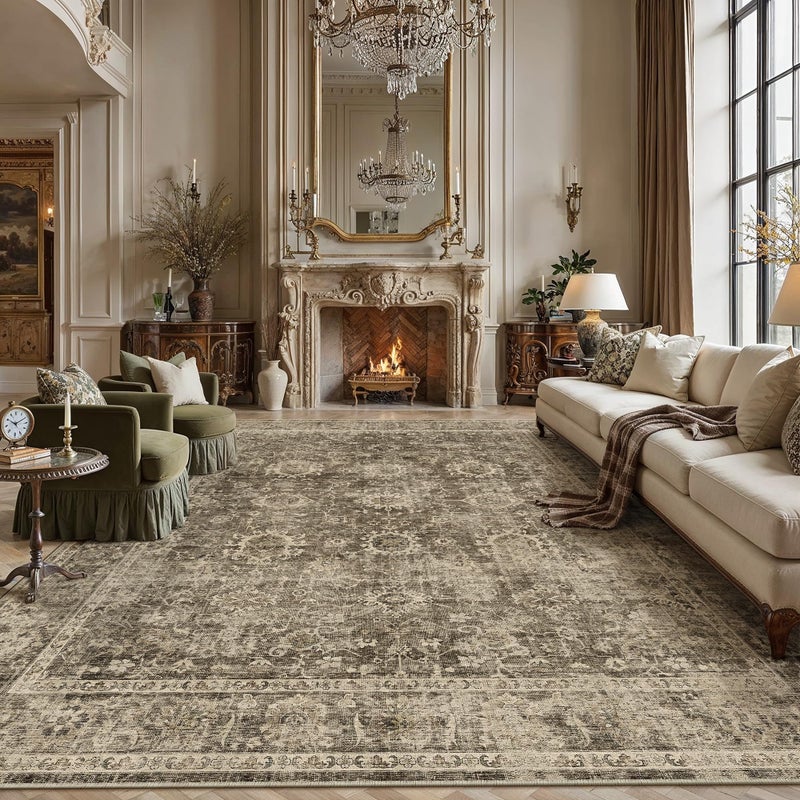 WondRg 8x10 Washable Area Rug for Living Room Bedroom Brown Vintage Large Distressed Rustic Low Pile Carpet Non-Slip Soft Throw Rug for Indoor Dining Room - Image 1