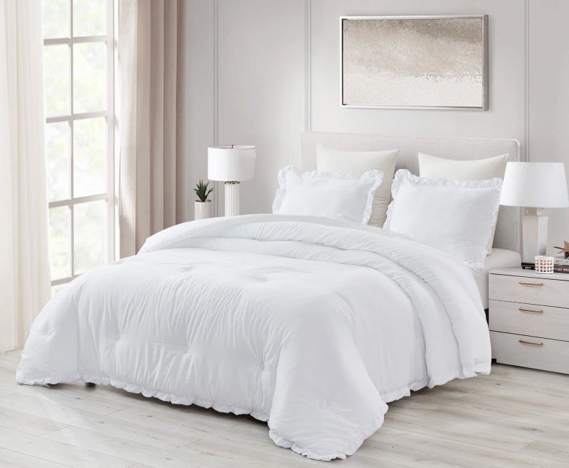 Chezmoi Collection Chezmoi Collection Nora 3Piece Ruffled Edge Trim Soft Washed Microfiber Comforter Set King White 