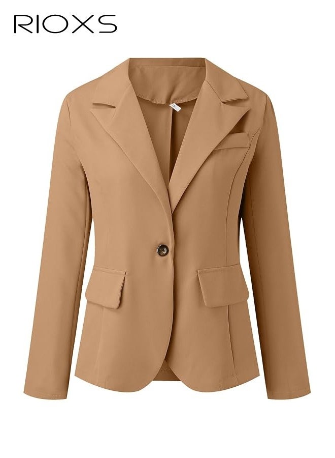 RIOXS Womens Blazers, Business Casual Blazers for Ladies, Long Sleeve Notch Lapel Trendy Work Office Blazer Jackets Outerwear with Pockets, Spring Fall Suit for Commuting Meeting Daily Wearing, Beige - Image 3