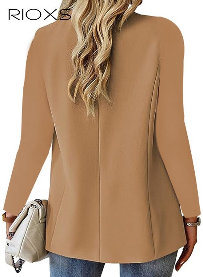 RIOXS Womens Blazers, Business Casual Blazers for Ladies, Long Sleeve Notch Lapel Trendy Work Office Blazer Jackets Outerwear with Pockets, Spring Fall Suit for Commuting Meeting Daily Wearing, Beige - Image 2
