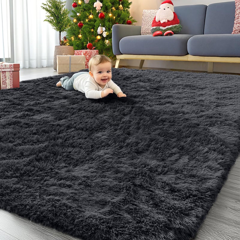 OLANLY 6x9 Machine Washable Large Area Rugs for Living Room Bedroom Soft Fluffy Shaggy Bedside Rug Indoor Floor Carpet for Kids Girls and Boys Dorms Nursery Home Decor Aesthetic Black