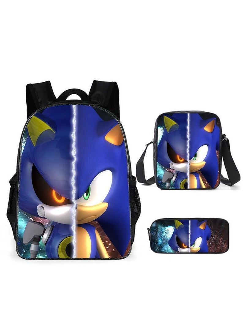 Sonic student large capacity backpack three piece set, anime cartoon backpack, shoulder bag pen bag