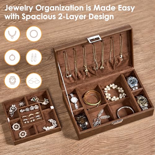 BEWISHOME Mens Jewelry Box, Jewelry Box for Men Women, Jewelry Organizer Box with 4 Watch Storage Case and Removable Tray, 2 Layer Jewelry Storage Case for Necklace Earring Ring Bracelet, Brown SSH07Z - Image 3