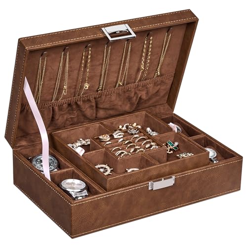 BEWISHOME Mens Jewelry Box, Jewelry Box for Men Women, Jewelry Organizer Box with 4 Watch Storage Case and Removable Tray, 2 Layer Jewelry Storage Case for Necklace Earring Ring Bracelet, Brown SSH07Z - Image 1