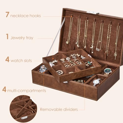 BEWISHOME Mens Jewelry Box, Jewelry Box for Men Women, Jewelry Organizer Box with 4 Watch Storage Case and Removable Tray, 2 Layer Jewelry Storage Case for Necklace Earring Ring Bracelet, Brown SSH07Z - Image 5