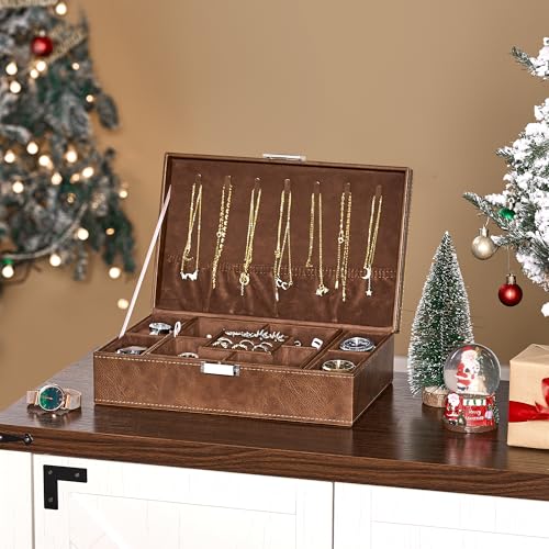 BEWISHOME Mens Jewelry Box, Jewelry Box for Men Women, Jewelry Organizer Box with 4 Watch Storage Case and Removable Tray, 2 Layer Jewelry Storage Case for Necklace Earring Ring Bracelet, Brown SSH07Z - Image 2