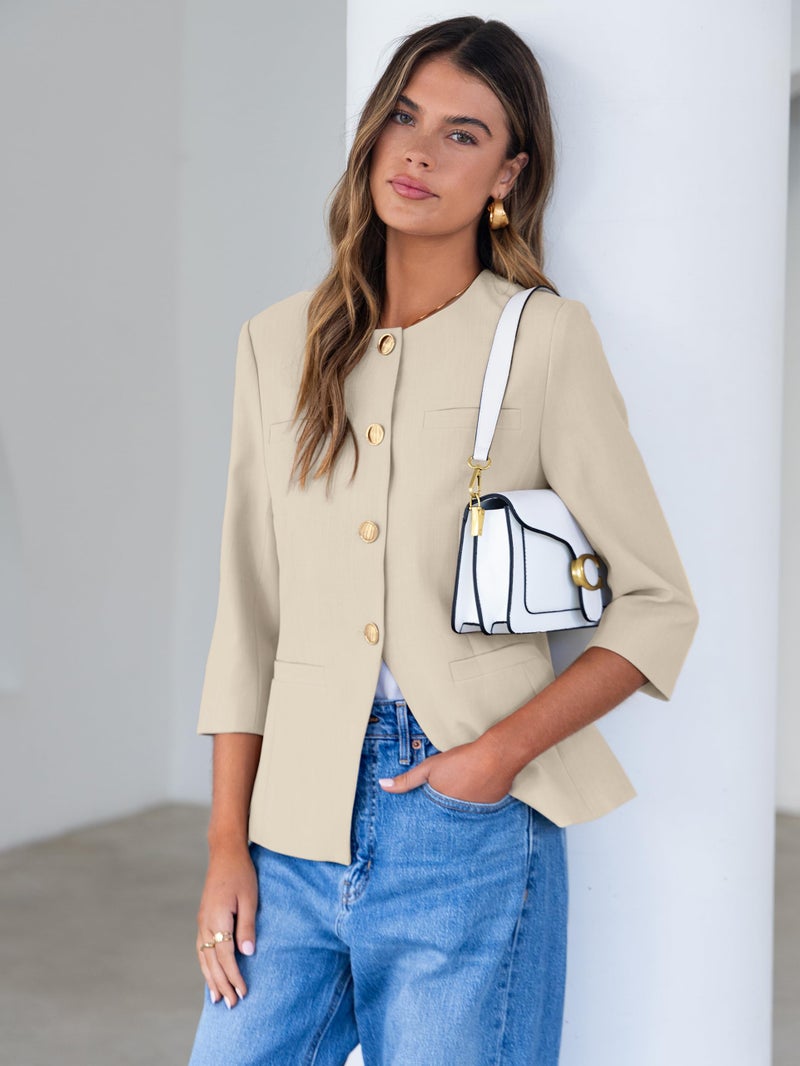 Simplee Womens Business Casual Blazers Spring Fashion Collarless Button Down 3/4 Sleeve Dressy Blazer Jacket Work Outfits Apricot M - Image 3