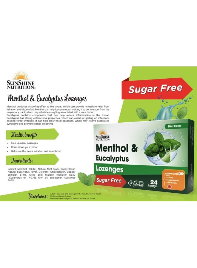 SUNSHINE NUTRITION حلوى خالية من السكر بنكهة المنثول والأوكاليبتوس | نكهة النعناع | 100% طبيعية وتأثير مهدئ للسعال، التهاب الحلق، جفاف الفم، 24 قطعة - Image 2