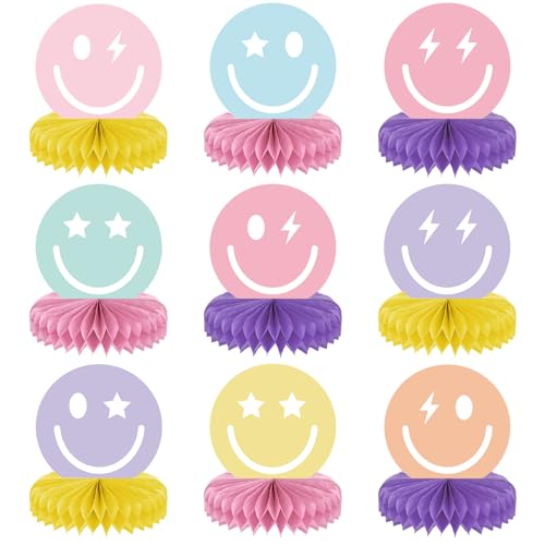 Justforjoyful 9PCS Smile Face Honeycomb Centerpieces Preppy Smile Face Table Decorations Happy Pastel Birthday Party Supplies for Colorful Rainbow Birthday Themed Bachelorette Decor Favor - Image 1