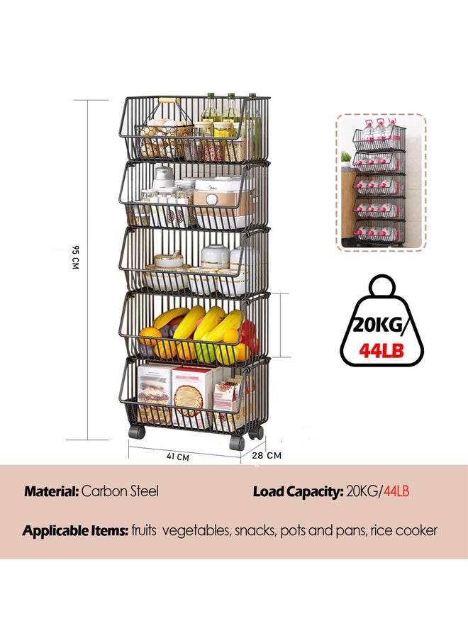 Storage Rack, Kitchen Storage & Organisation Unit, Kitchen Vegetable Fruit Basket Trolley,Storage Rack With Wheels, Carbon Steel Black - Image 2