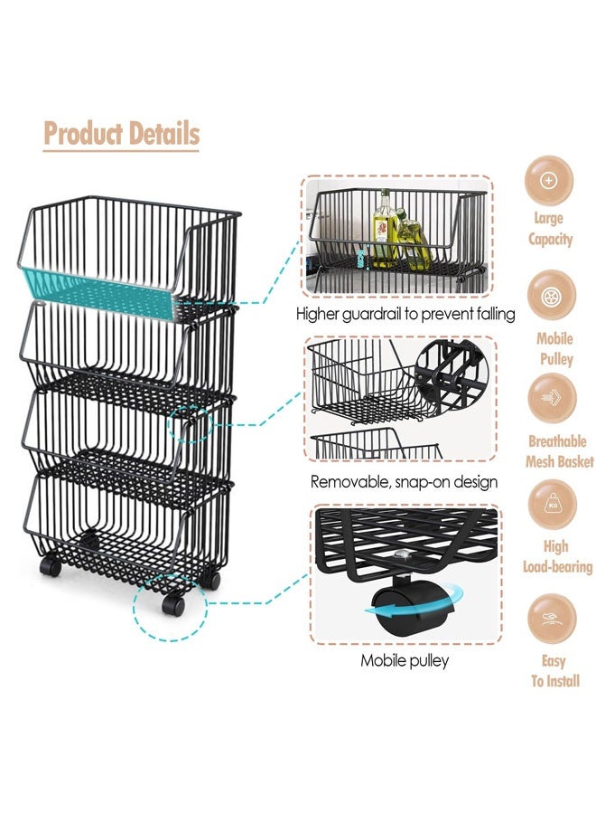 Storage Rack, Kitchen Storage & Organisation Unit, Kitchen Vegetable Fruit Basket Trolley,Storage Rack With Wheels, Carbon Steel Black - Image 5