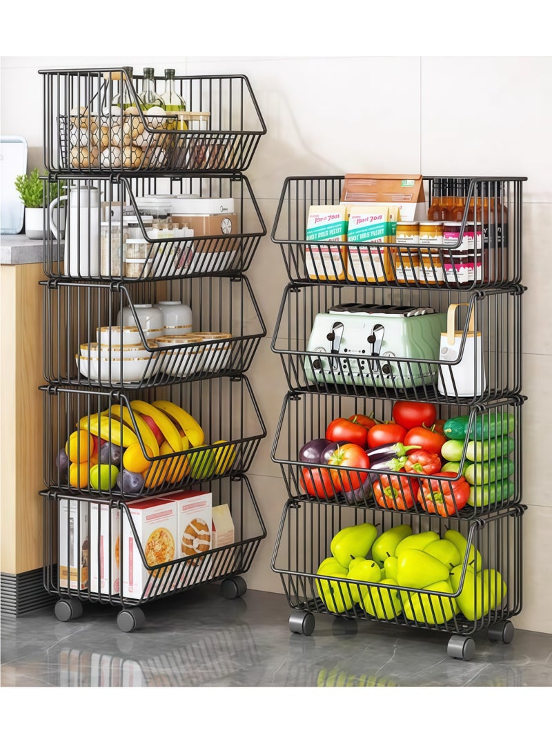 Storage Rack, Kitchen Storage & Organisation Unit, Kitchen Vegetable Fruit Basket Trolley,Storage Rack With Wheels, Carbon Steel Black - Image 1