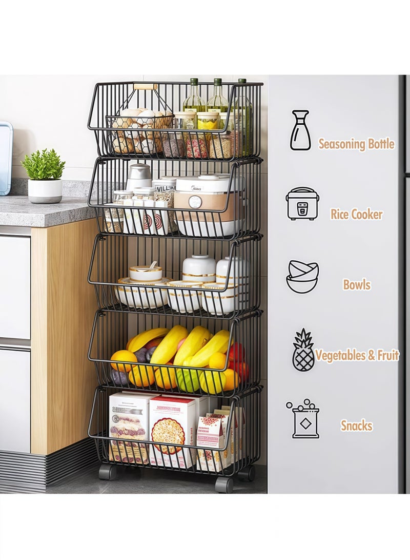 Storage Rack, Kitchen Storage & Organisation Unit, Kitchen Vegetable Fruit Basket Trolley,Storage Rack With Wheels, Carbon Steel Black - Image 4