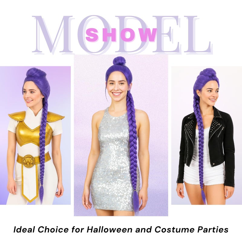morvally Womens 47 Inches Purple Long Braided Ponytail Wig - Anime Cosplay Wigs for Women Halloween Costume Party (Purple, Adults) - Image 5
