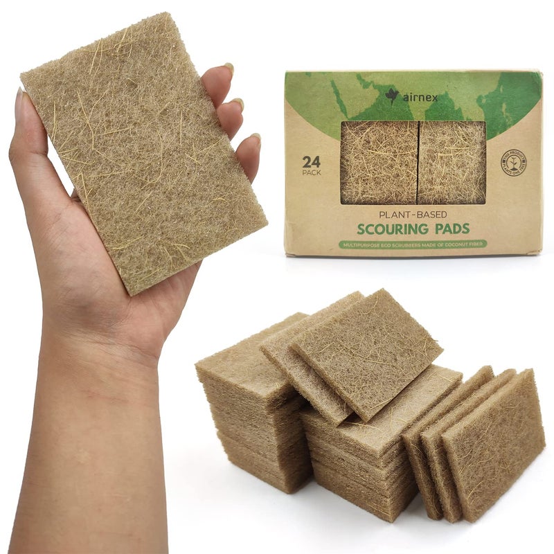AIRNEX Plant Based Kitchen Scouring Pads  Pack of 24 Coconut Husk Non Abrasive Scrubbing Pads  Multipurpose Scrubbies for Dishes  Heavy Duty Dishes Pan and Pot Scrubbers for Kitchen Non Scratch