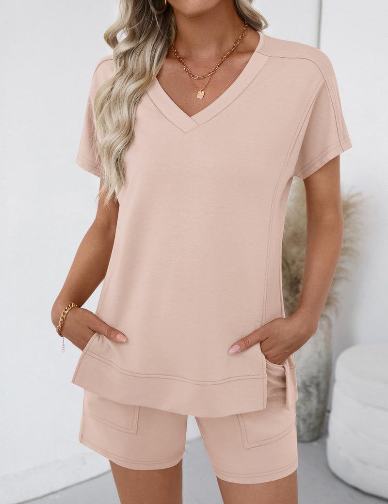 LOMON Short Sets Women 2 Piece Outfits 2026 Summer Casual Loungewear Set Cute Short Sleeve Sweatsuits Tracksuits Apricot M - Image 3