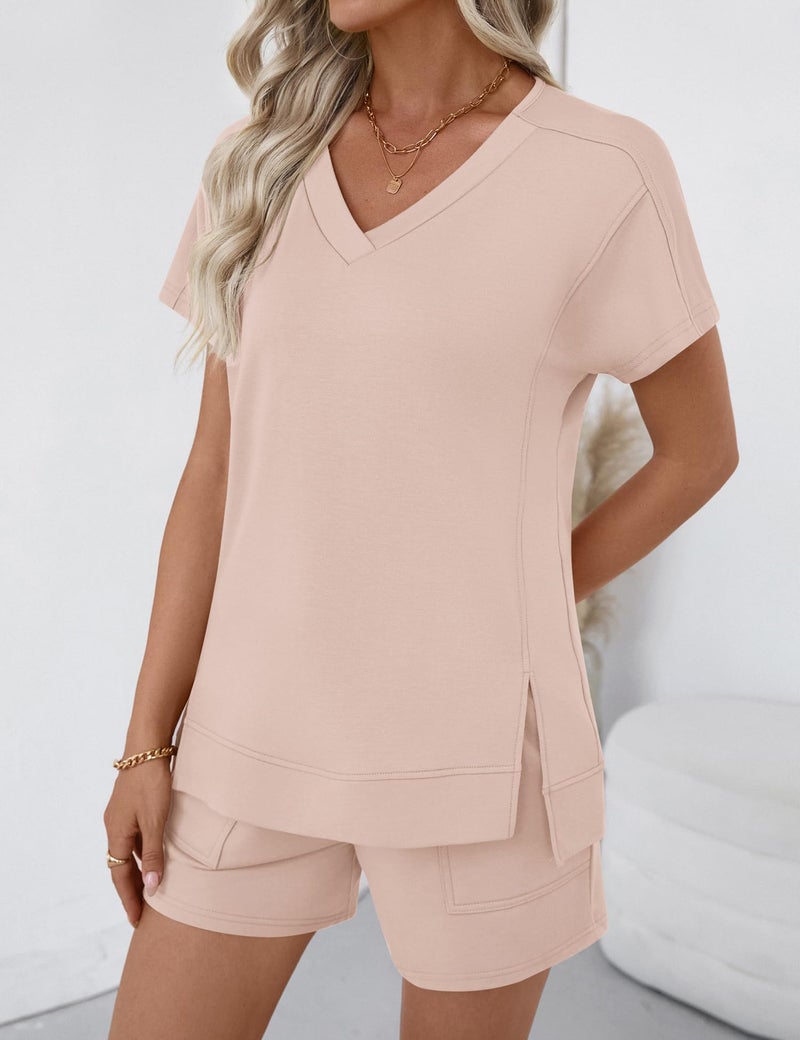 LOMON Short Sets Women 2 Piece Outfits 2026 Summer Casual Loungewear Set Cute Short Sleeve Sweatsuits Tracksuits Apricot M - Image 4