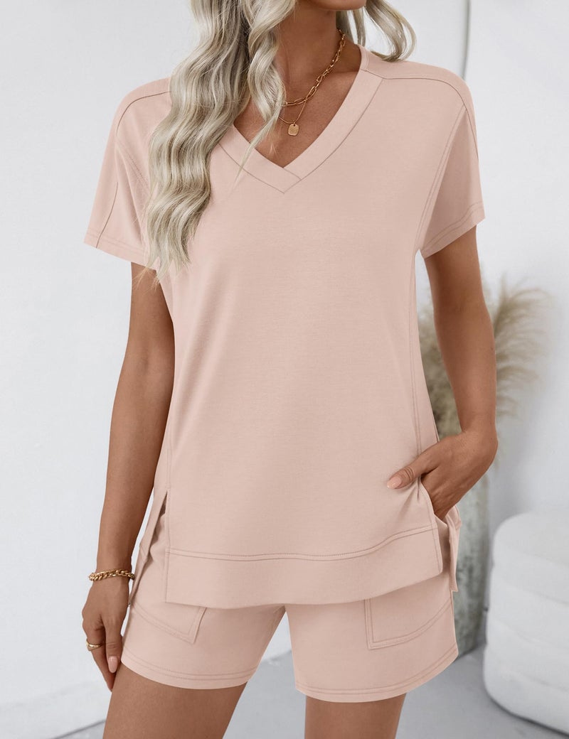 LOMON Short Sets Women 2 Piece Outfits 2026 Summer Casual Loungewear Set Cute Short Sleeve Sweatsuits Tracksuits Apricot M - Image 2
