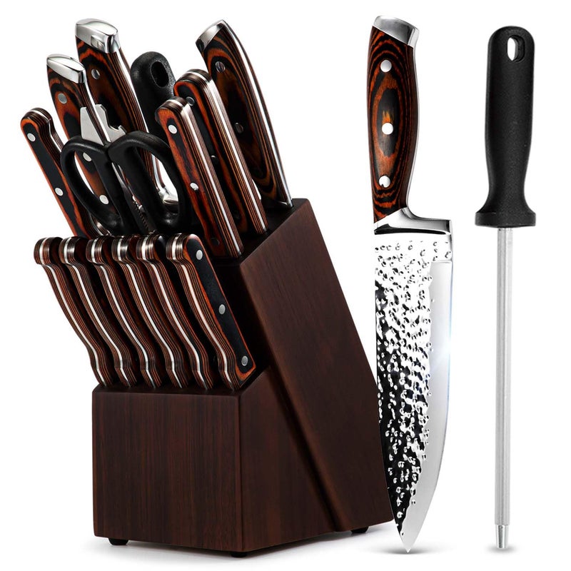 KroWallu Kitchen Knife Sets With Block  15-Piece High Carbon Stainless Steel Knife Block Set With Sharpener  Ultra-Sharp Kitchen Knives With Triple Rivet Wood Handle Perfect For Cooking Cut - Image 1