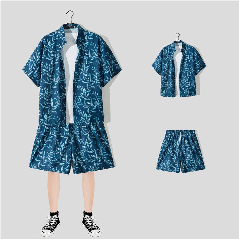 Generic Casual Beach suit Mens Summer Thin Loose Handsome Seaside Clothes Hawaiian Shorts Flower Shirt Two-piece Pack 2168 suit 