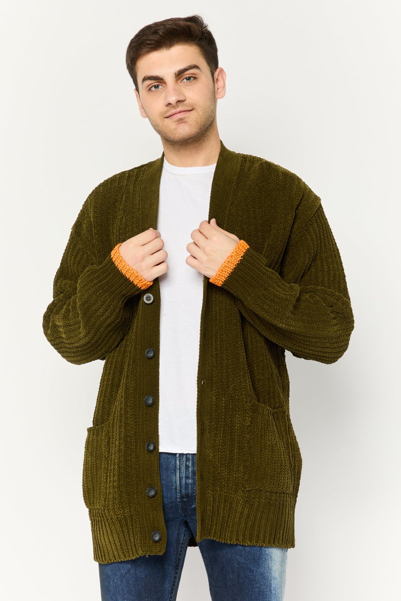 DIESEL Men V-Neck Textured Cardigan, Dark Olive  - Image 1
