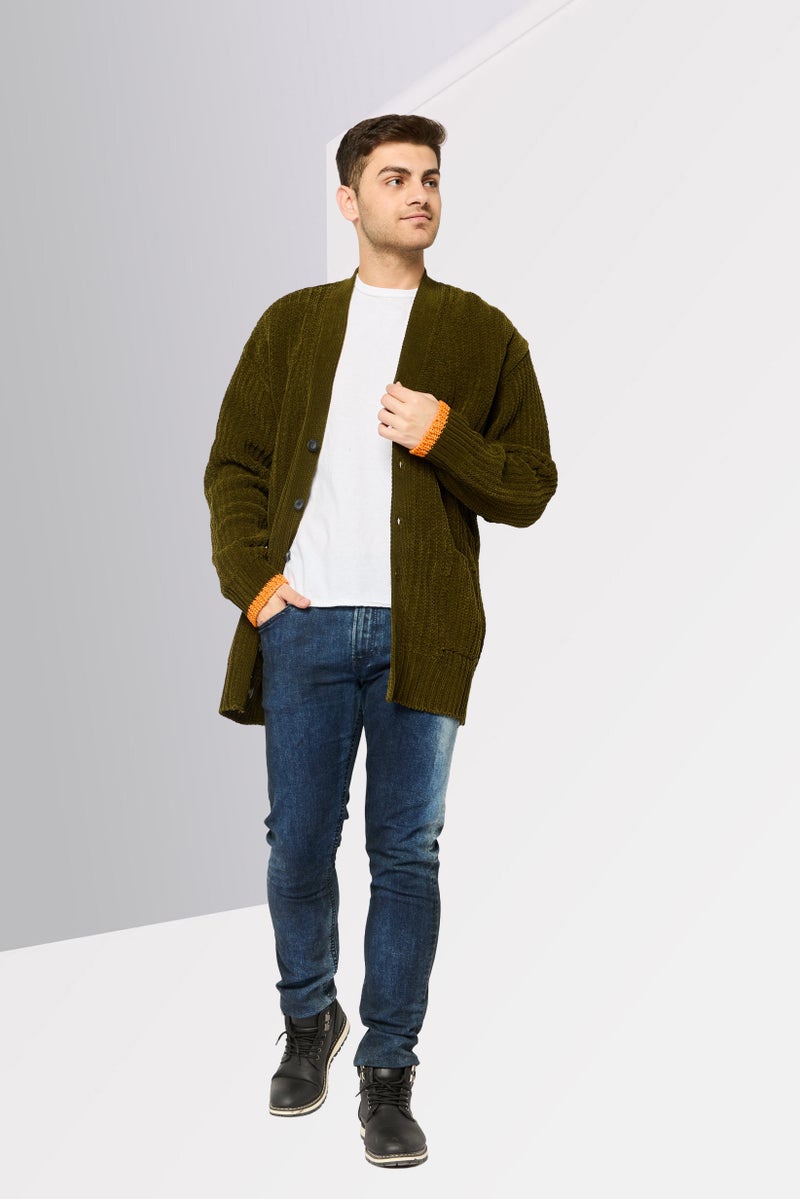 DIESEL Men V-Neck Textured Cardigan, Dark Olive  - Image 2