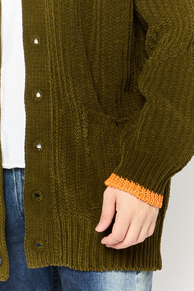 DIESEL Men V-Neck Textured Cardigan, Dark Olive  - Image 3