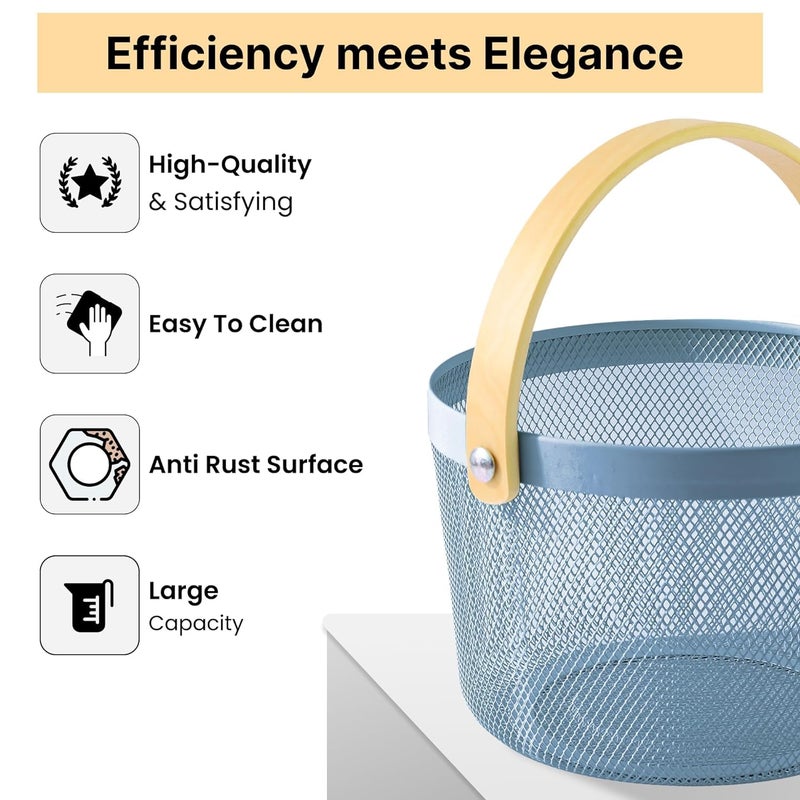 Kuber Industries Metal Mesh Basket for Storage with wooden handle | 400 Gm | Fruit Basket and Vegetable Basket | Kitchen Organizer | Baskets for Organizing Home and Kitchen | Multipurpose | Blue | - Image 2