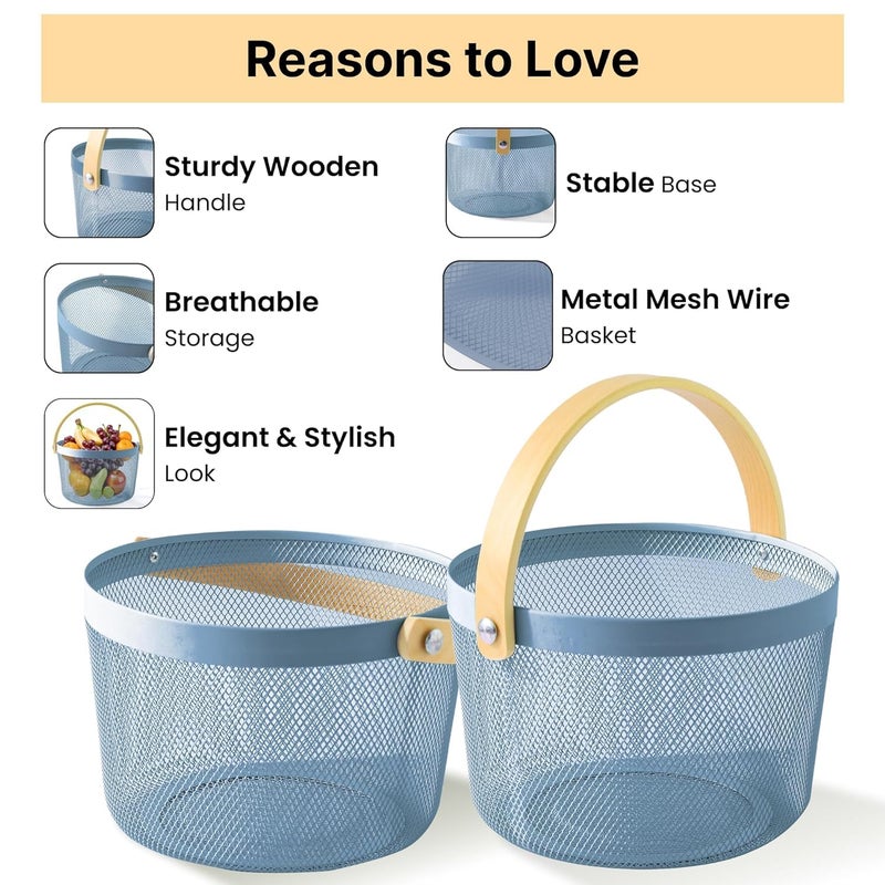Kuber Industries Metal Mesh Basket for Storage with wooden handle | 400 Gm | Fruit Basket and Vegetable Basket | Kitchen Organizer | Baskets for Organizing Home and Kitchen | Multipurpose | Blue | - Image 3