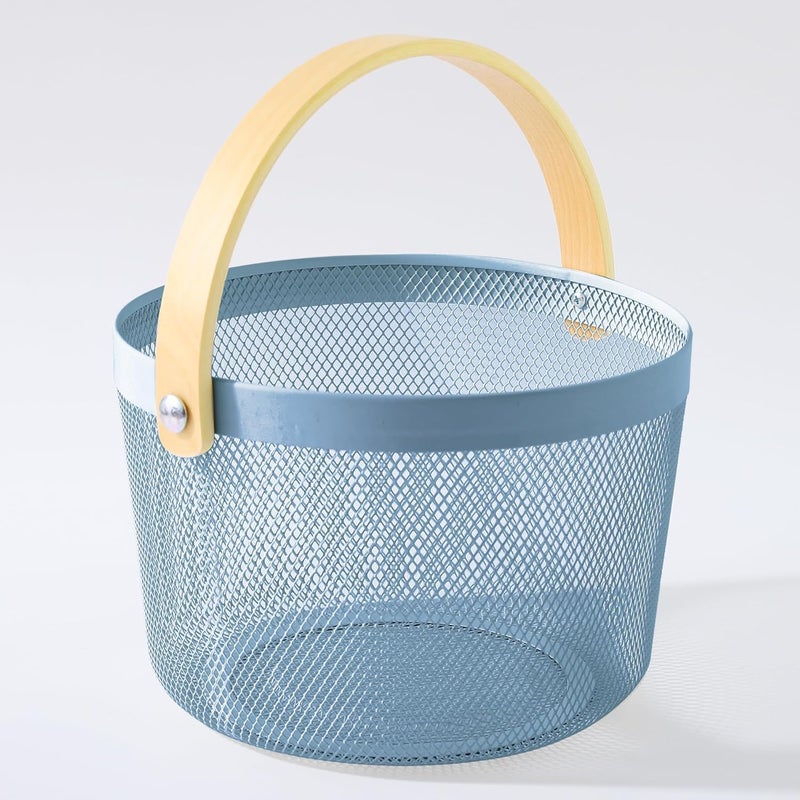 Kuber Industries Metal Mesh Basket for Storage with wooden handle | 400 Gm | Fruit Basket and Vegetable Basket | Kitchen Organizer | Baskets for Organizing Home and Kitchen | Multipurpose | Blue | - Image 1