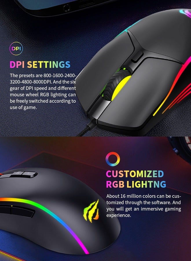 havit High-Performance Gaming Wired Mouse, Rgb Gaming Mouse, Usb Plug And Play, Suitable For FPS  And MOBA Gamers - Image 5