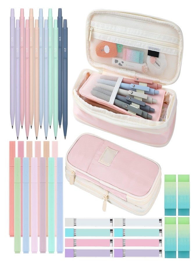 Teling 37 Pcs Aesthetic Back to School Supplies with Cute Pen Case, 12 Pastel Highlighters, 12 0. 5 Mm/ 0. 7 mm Mechanical Pencil 8 Tubes Pencil Refills, 4 Erasers for Writing Drawing(Pink) - Image 1