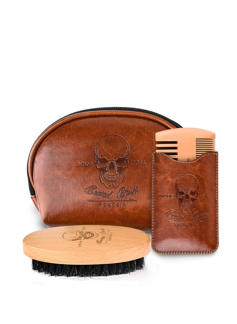 menesia Beard Brush and Comb Set, Boar Bristle Hair Beard Brush Kit with Small Leather Travel Toiletry Bag Case for Men, Men's Wooden Mustache Comb & Brush  - Image 1