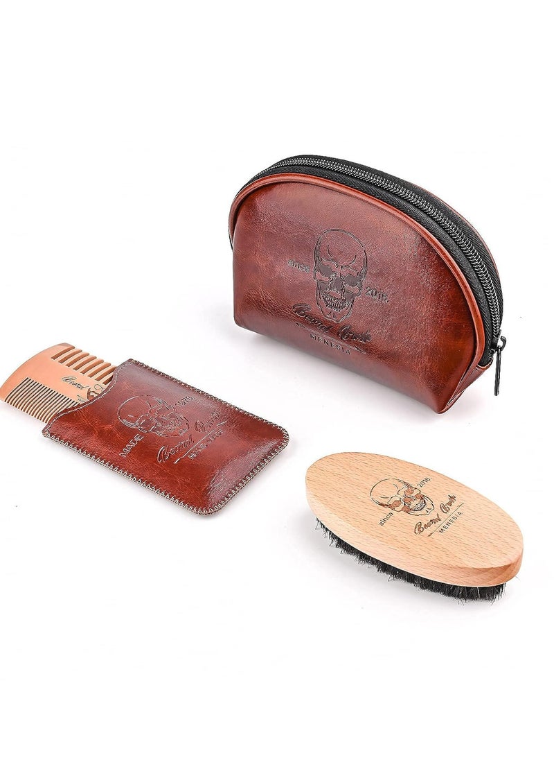 menesia Beard Brush and Comb Set, Boar Bristle Hair Beard Brush Kit with Small Leather Travel Toiletry Bag Case for Men, Men's Wooden Mustache Comb & Brush  - Image 2